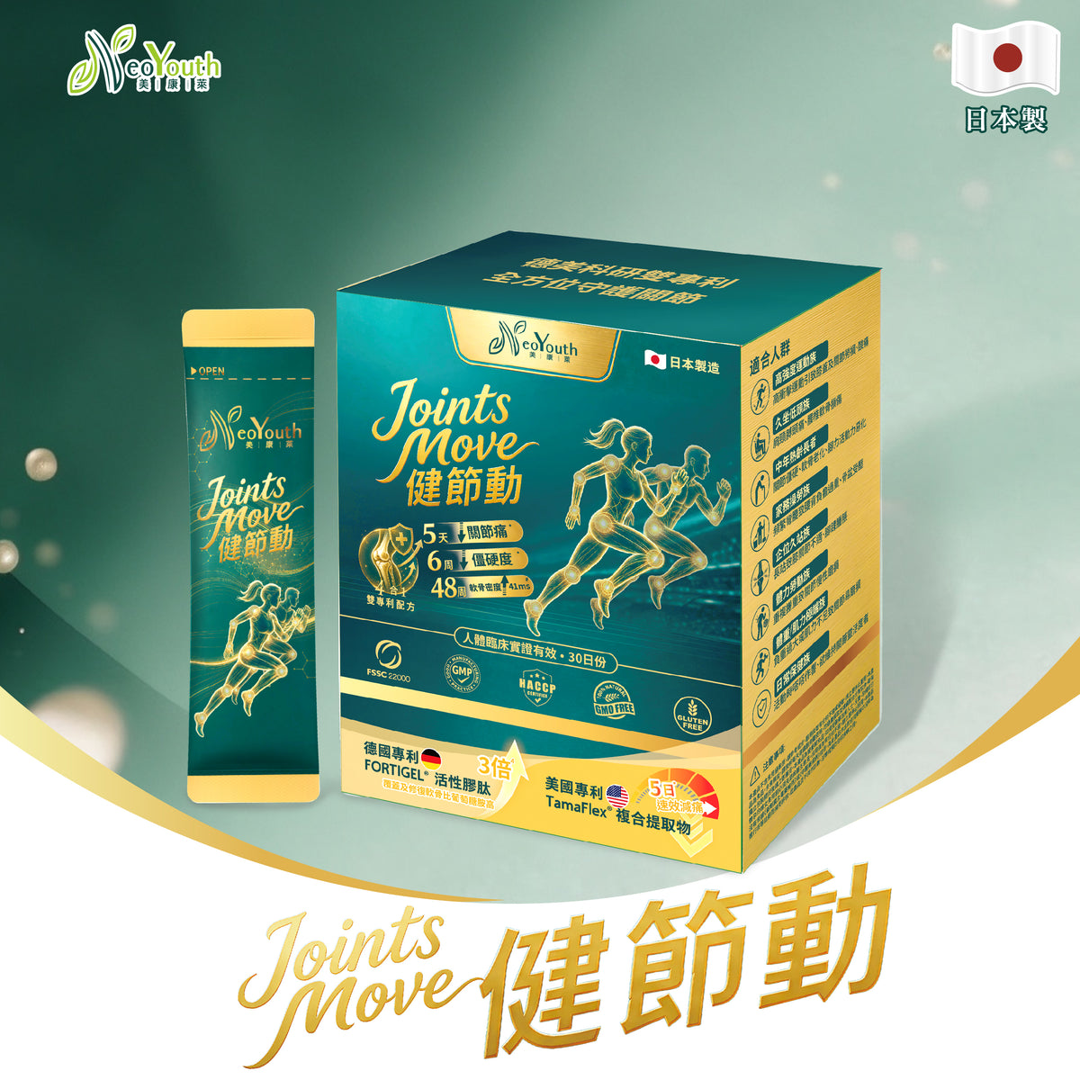 NeoYouth美康萊 Joints Move 健節動 ｜ 4合1雙專利全鏈路專業關節養護配方 (30包/盒)